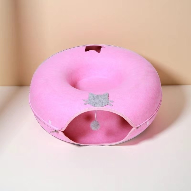 Cuib de pisică în formă de donut cu tunel, jucărie pentru toate anotimpurile, adăpost de iarnă confortabil