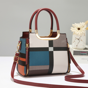 Ženska PU kožna torba s kariranim kontrastnim dizajnom, srednje veličine, crossbody/torba za rame sa zatvaračem