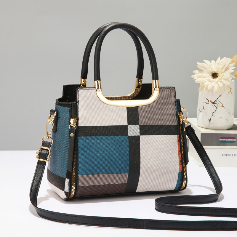 Ženska PU kožna torba s kariranim kontrastnim dizajnom, srednje veličine, crossbody/torba za rame sa zatvaračem