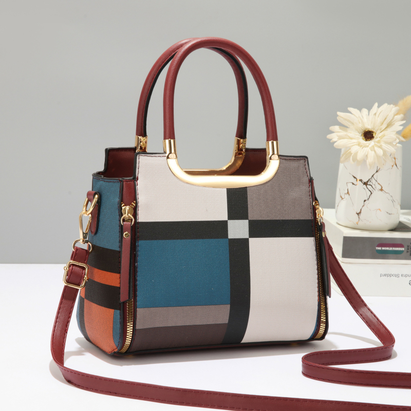 Ženska PU kožna torba s kariranim kontrastnim dizajnom, srednje veličine, crossbody/torba za rame sa zatvaračem