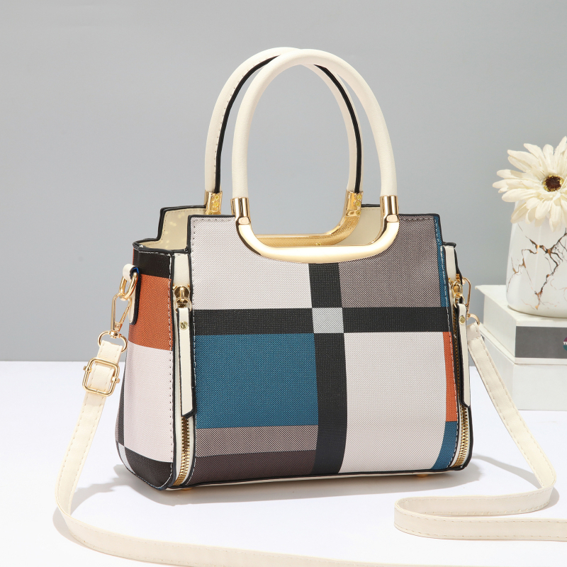 Ženska PU kožna torba s kariranim kontrastnim dizajnom, srednje veličine, crossbody/torba za rame sa zatvaračem