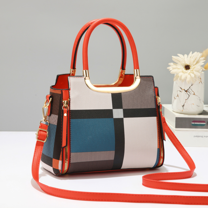 Ženska PU kožna torba s kariranim kontrastnim dizajnom, srednje veličine, crossbody/torba za rame sa zatvaračem