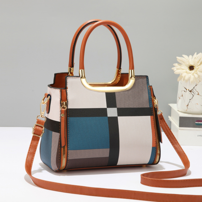 Ženska PU kožna torba s kariranim kontrastnim dizajnom, srednje veličine, crossbody/torba za rame sa zatvaračem