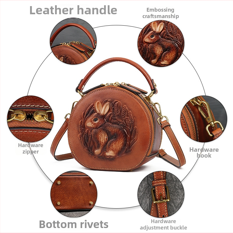 Ženska kožna torba s reljefom, elegantna kružna torba za rame ili crossbody u etno-umjetničkom stilu