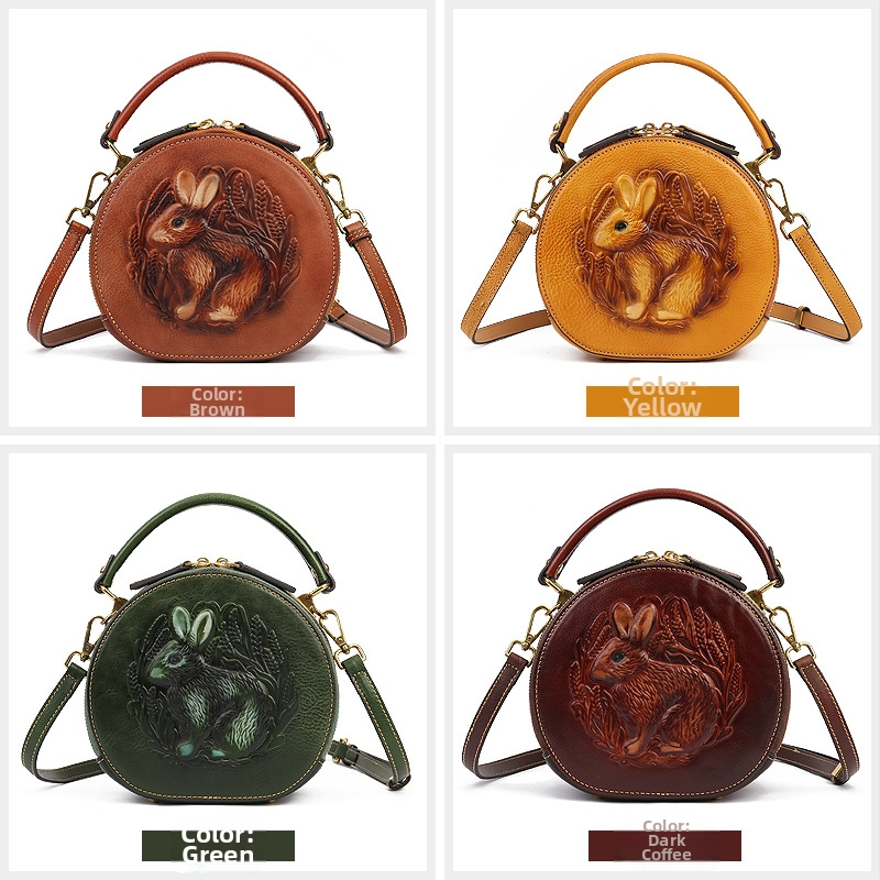 Ženska kožna torba s reljefom, elegantna kružna torba za rame ili crossbody u etno-umjetničkom stilu