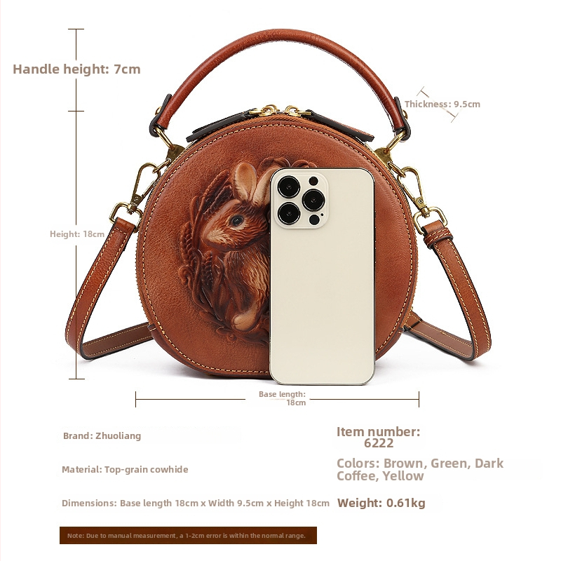 Ženska kožna torba s reljefom, elegantna kružna torba za rame ili crossbody u etno-umjetničkom stilu