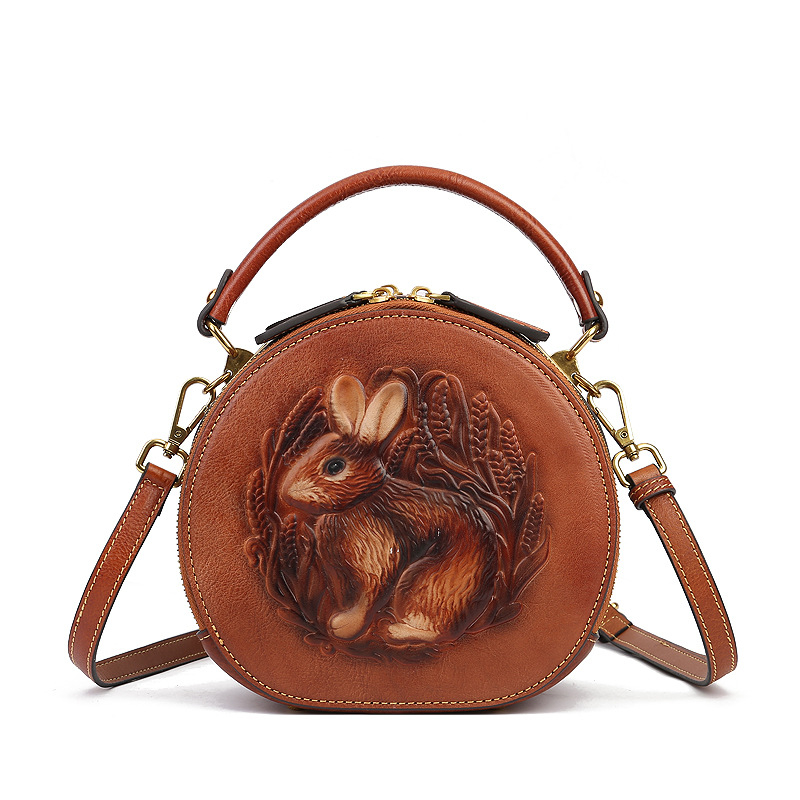 Ženska kožna torba s reljefom, elegantna kružna torba za rame ili crossbody u etno-umjetničkom stilu