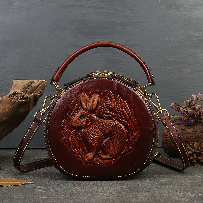 Ženska kožna torba s reljefom, elegantna kružna torba za rame ili crossbody u etno-umjetničkom stilu