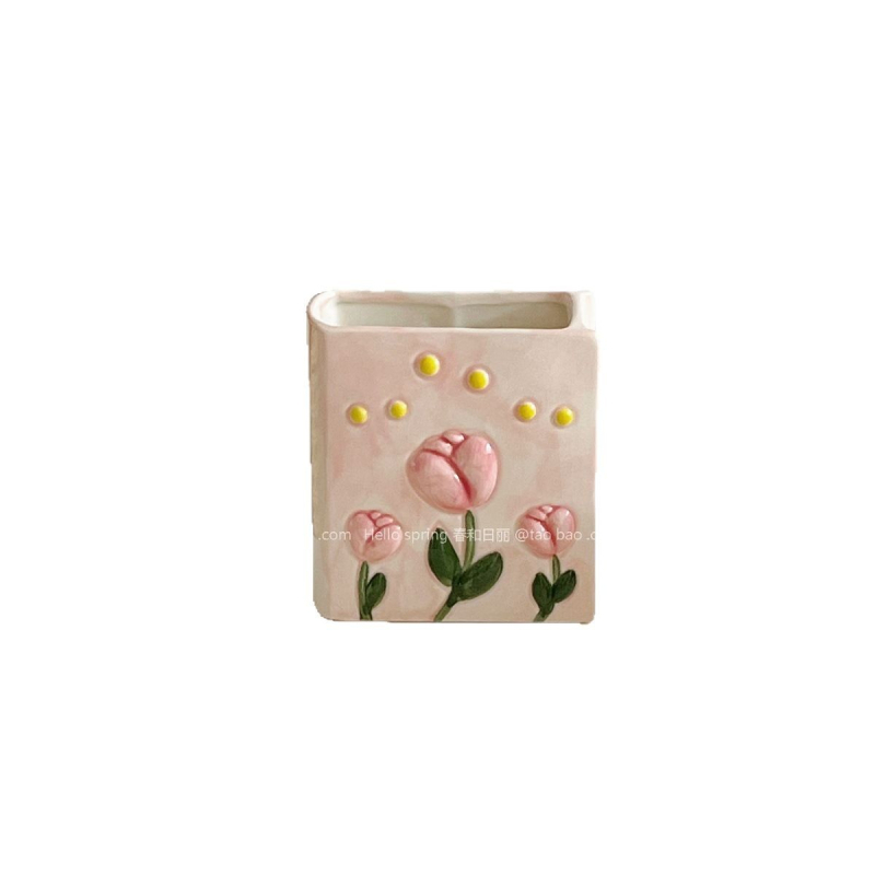 Ornament ceramic în formă de lalea și carte, cu spațiu mare de depozitare pentru pensulele de machiaj și organizator de birou