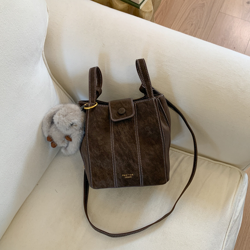 PU kožna bucket torba za jesen-zimu 2025, retro stil, za ramena ili crossbody, srednje veličine, džep za mobitel