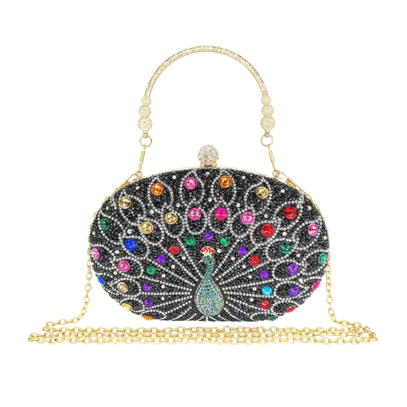 Peacock Diamond večernja torbica, retro europsko-američki stil za zabave, crna luksuzna torbica za haljinu