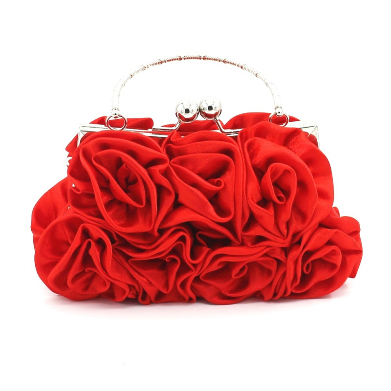 Trodimenzionalna cvjetna večernja torbica od satena s ružnim motívom – ručno izrađena clutch torbica