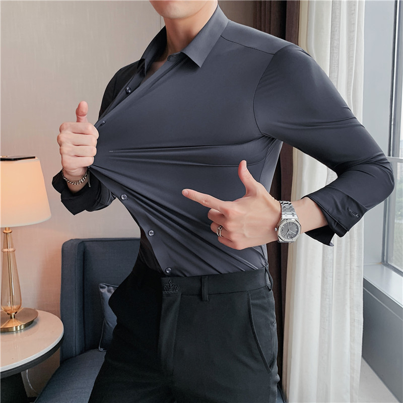 Muška draperirana ležerna košulja s dugim rukavima, Ice Silk tkanina, jednobojna boja
