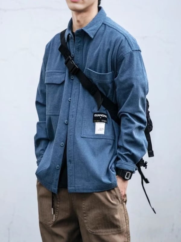 Muška košulja s vafl teksturom, japanski retro stil radne odjeće, dugi rukav, širok kroj, za proljeće i jesen