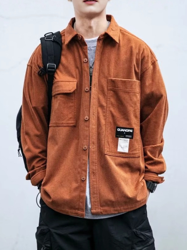 Muška košulja s vafl teksturom, japanski retro stil radne odjeće, dugi rukav, širok kroj, za proljeće i jesen