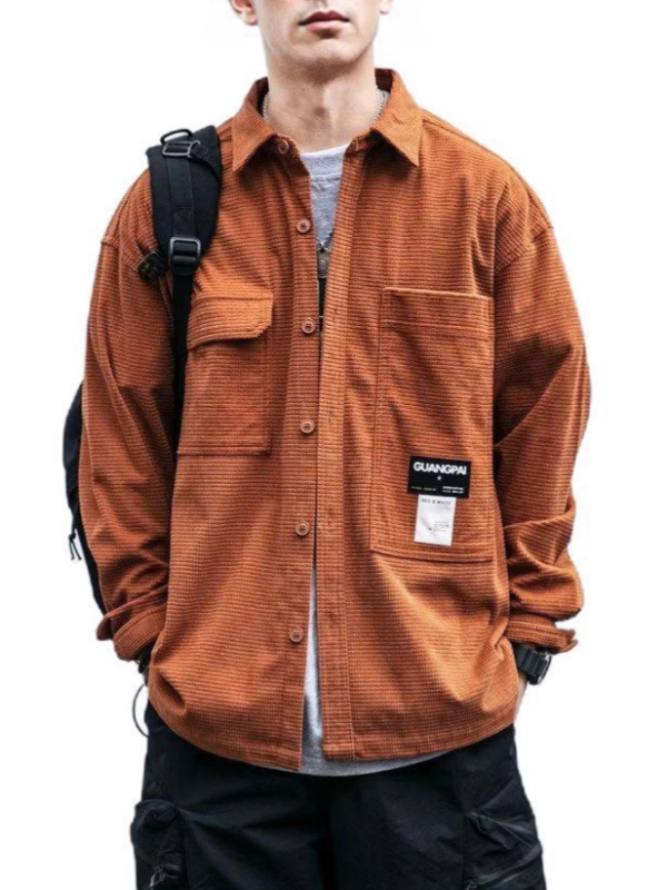 Muška košulja s vafl teksturom, japanski retro stil radne odjeće, dugi rukav, širok kroj, za proljeće i jesen