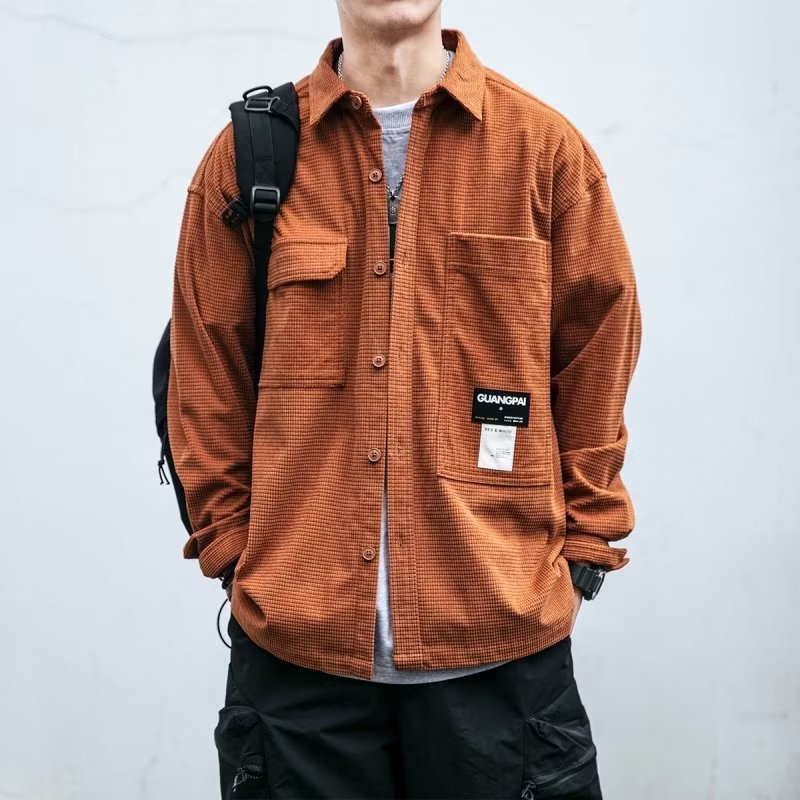 Muška košulja s vafl teksturom, japanski retro stil radne odjeće, dugi rukav, širok kroj, za proljeće i jesen