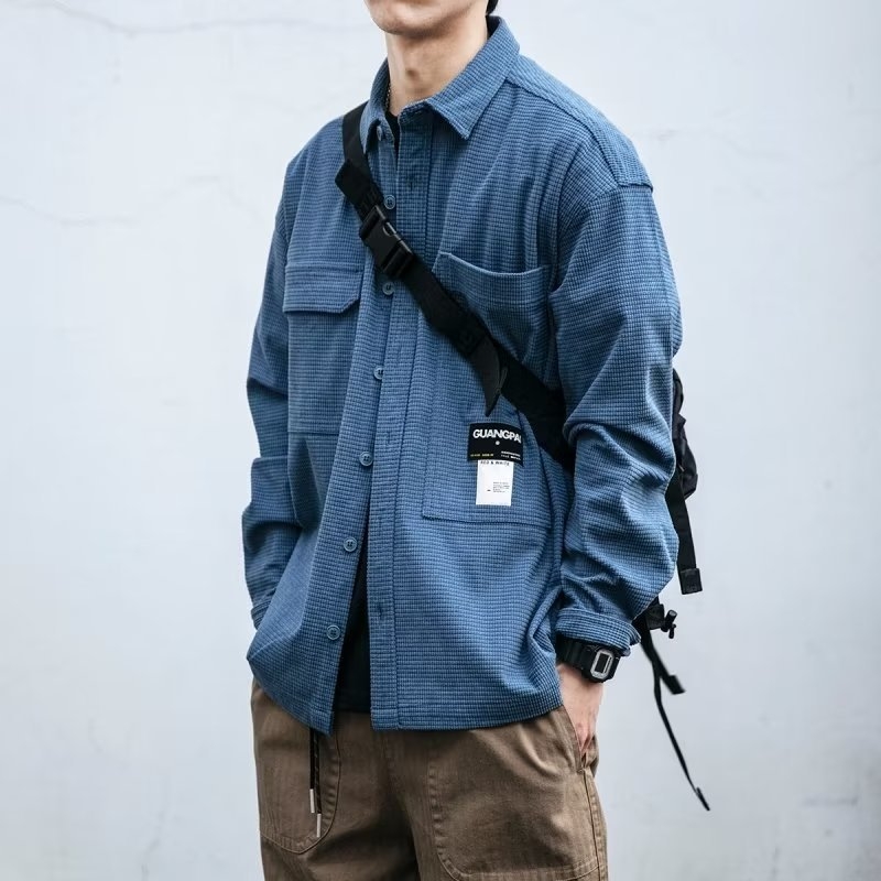 Muška košulja s vafl teksturom, japanski retro stil radne odjeće, dugi rukav, širok kroj, za proljeće i jesen