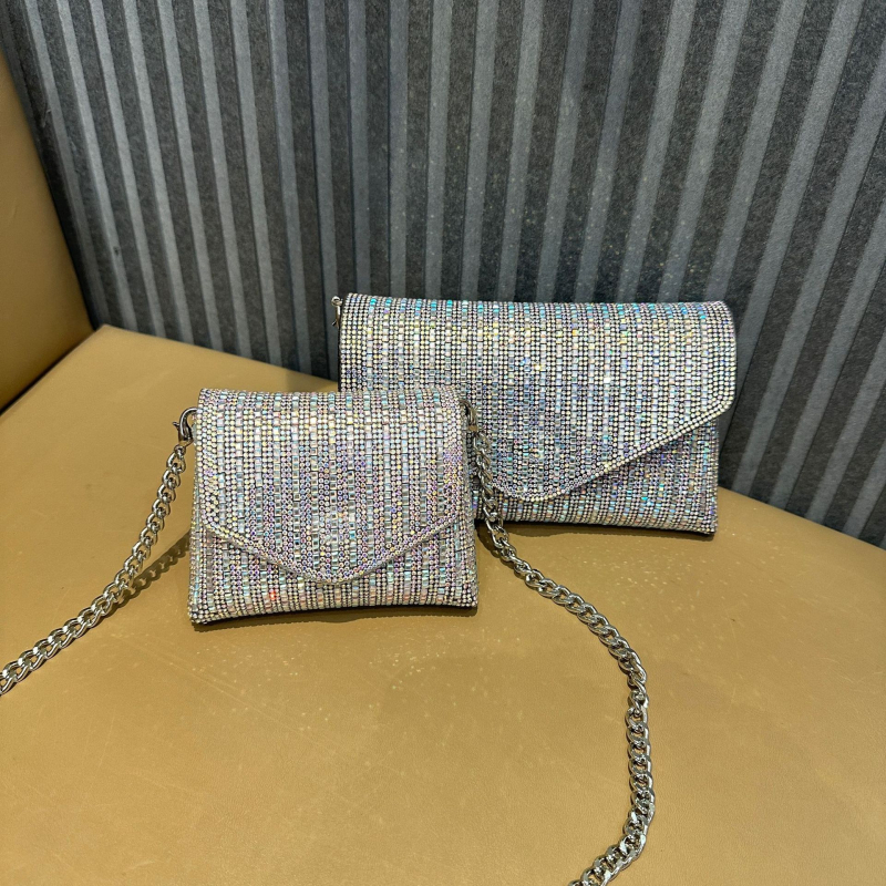 Rhinestone lánc mini négyzet alakú táska, vállon átvethető, boríték-stílus, PVC