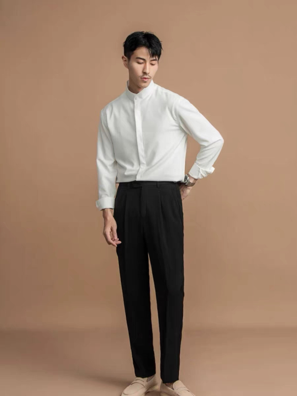 Muška košulja s frančkim stojećim ovratnikom i skrivenim gumbima, bez peglanja, slim fit, dugi rukav, hladna šifonska poliester tkanina, casual radni stil