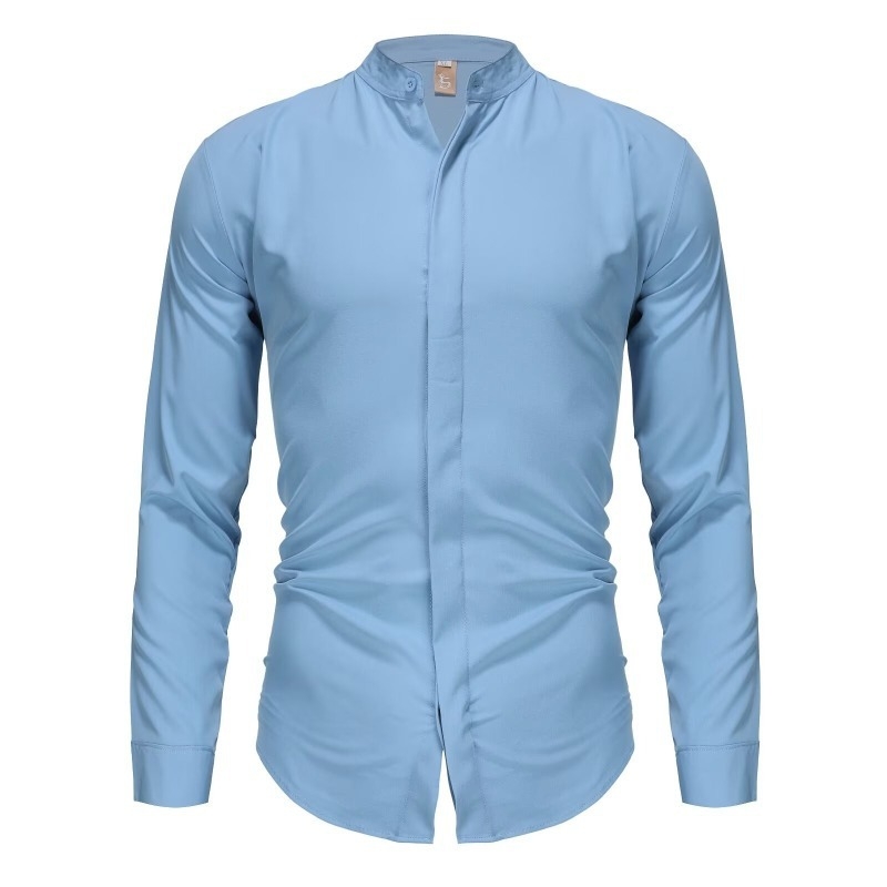 Muška košulja s frančkim stojećim ovratnikom i skrivenim gumbima, bez peglanja, slim fit, dugi rukav, hladna šifonska poliester tkanina, casual radni stil