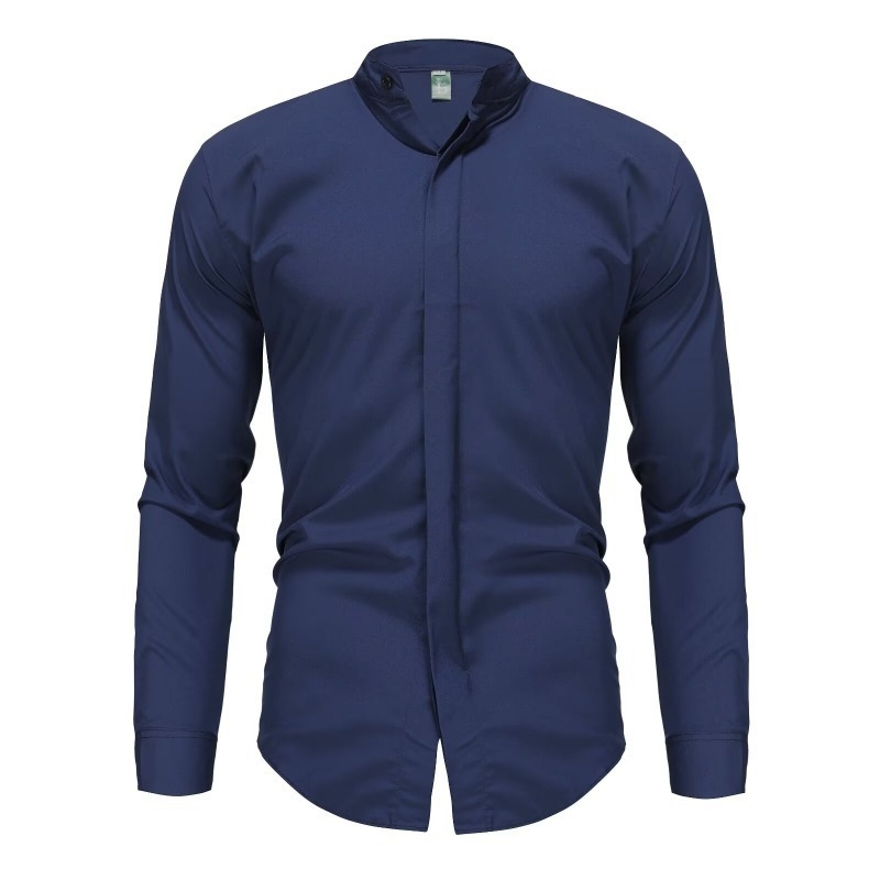 Muška košulja s frančkim stojećim ovratnikom i skrivenim gumbima, bez peglanja, slim fit, dugi rukav, hladna šifonska poliester tkanina, casual radni stil