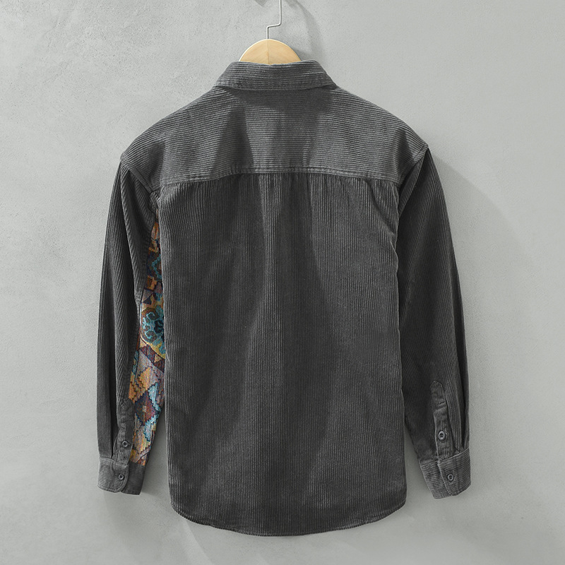 Férfi corduroy patchwork hosszú ujjú ing, 100% pamut, lazán szabott, őszi-téli szezonra