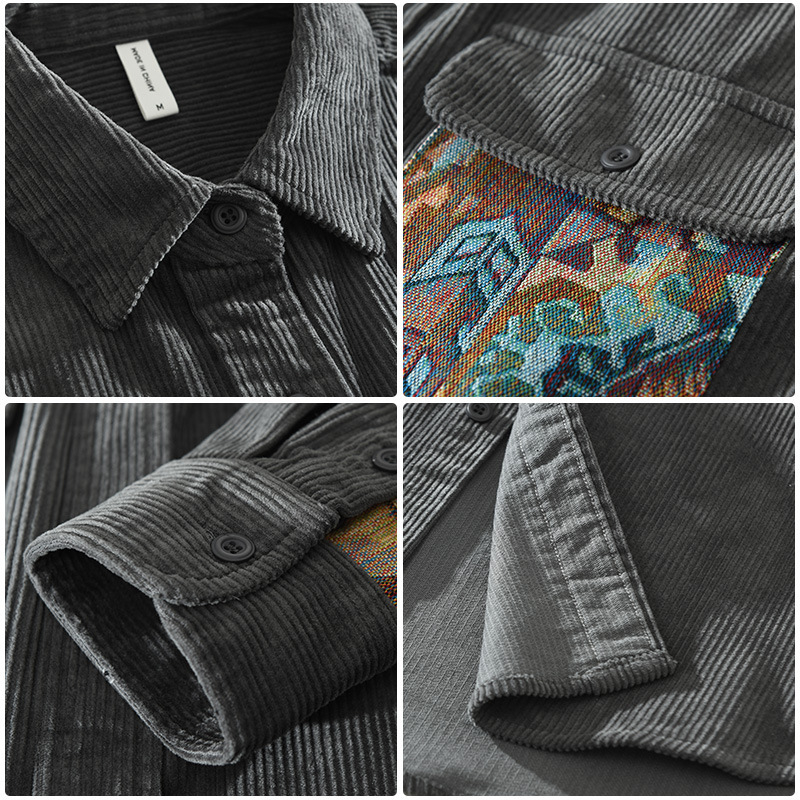 Férfi corduroy patchwork hosszú ujjú ing, 100% pamut, lazán szabott, őszi-téli szezonra