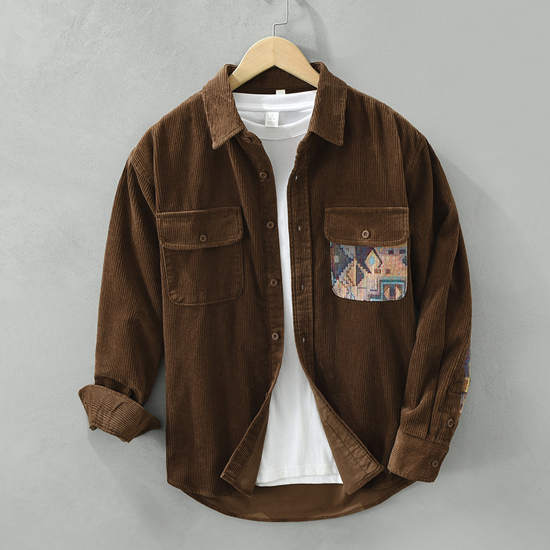 Férfi corduroy patchwork hosszú ujjú ing, 100% pamut, lazán szabott, őszi-téli szezonra