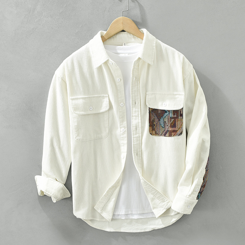 Férfi corduroy patchwork hosszú ujjú ing, 100% pamut, lazán szabott, őszi-téli szezonra