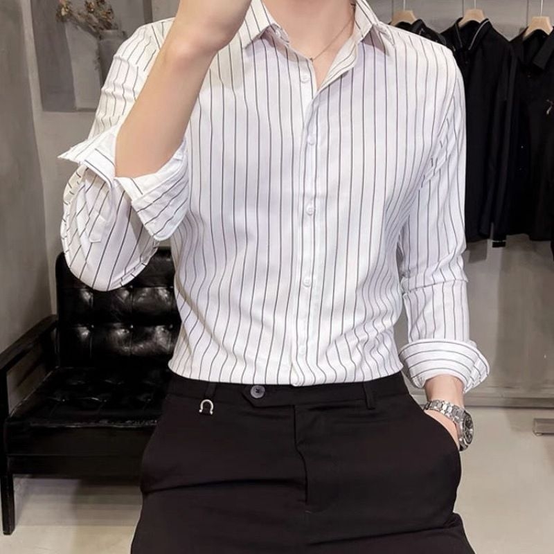 2026 nova muška košulja s crnim prugama, dugi rukav, poslovni casual, slim fit, bez peglanja