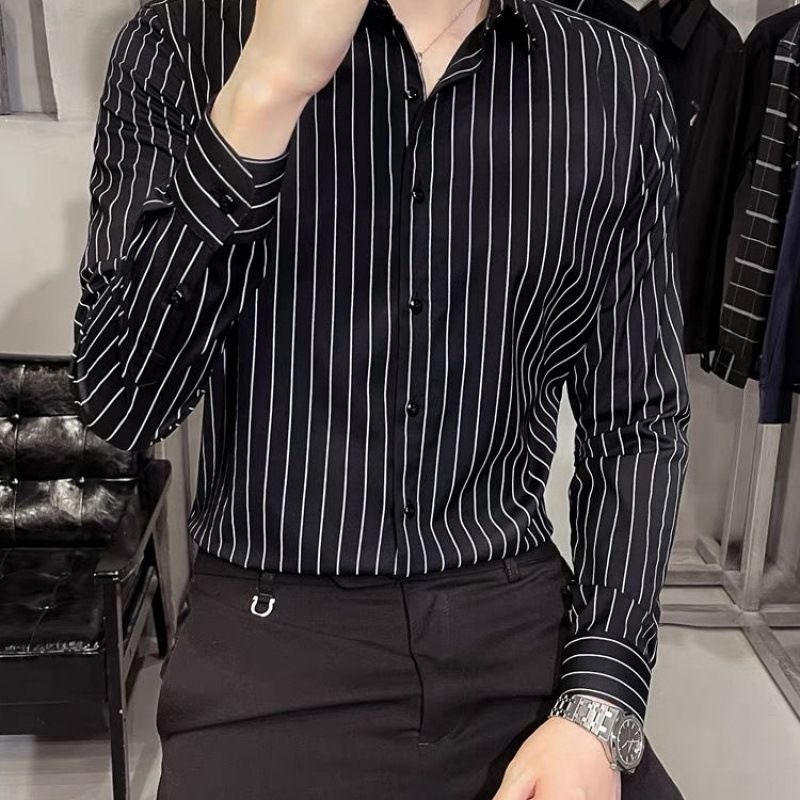 2026 nova muška košulja s crnim prugama, dugi rukav, poslovni casual, slim fit, bez peglanja