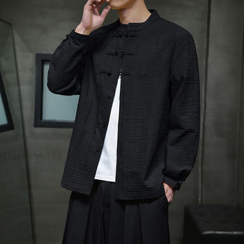 Muška košulja od pamuka i lana u kineskom stilu s čvorastim gumbima, opuštena silueta, stojeći ovratnik, dugi rukavi, jednobojna, plus veličina, proljeće-ljeto 2024