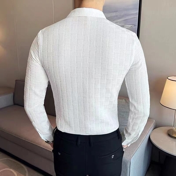 Muška košulja s elastičnim jacquard uzorkom i kariranim dezenom, lagan luksuz, korejski stil, slim kroj, dugi rukavi, bijela
