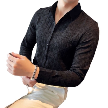 Muška košulja s elastičnim jacquard uzorkom i kariranim dezenom, lagan luksuz, korejski stil, slim kroj, dugi rukavi, bijela