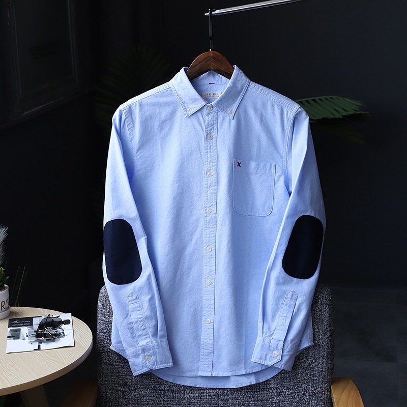 Muška slim-fit košulja s zakrpama na laktovima, od pamuk Oxford platna, oprana