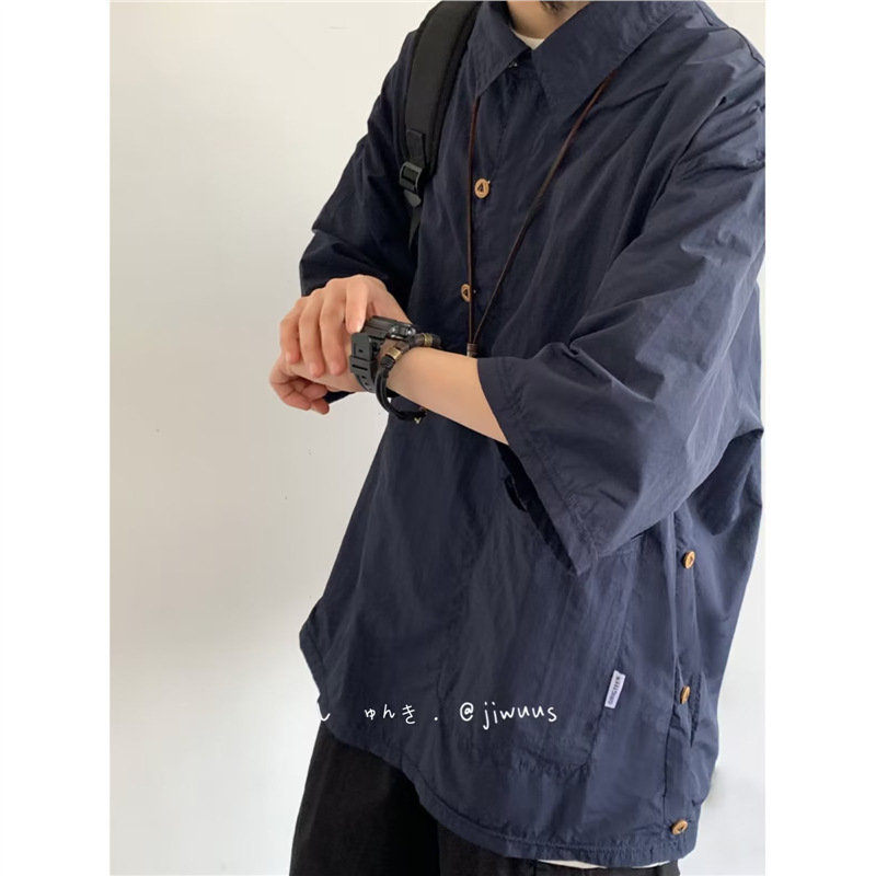 Muška košulja CityboyPOLO u japanskom retro stilu, ljeto, hongkonški stil, slobodan kroj, reverni ovratnik, kratki rukavi, jednobojna