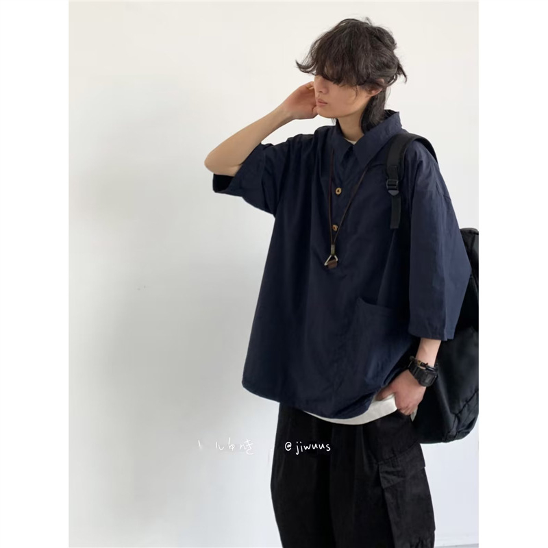 Muška košulja CityboyPOLO u japanskom retro stilu, ljeto, hongkonški stil, slobodan kroj, reverni ovratnik, kratki rukavi, jednobojna