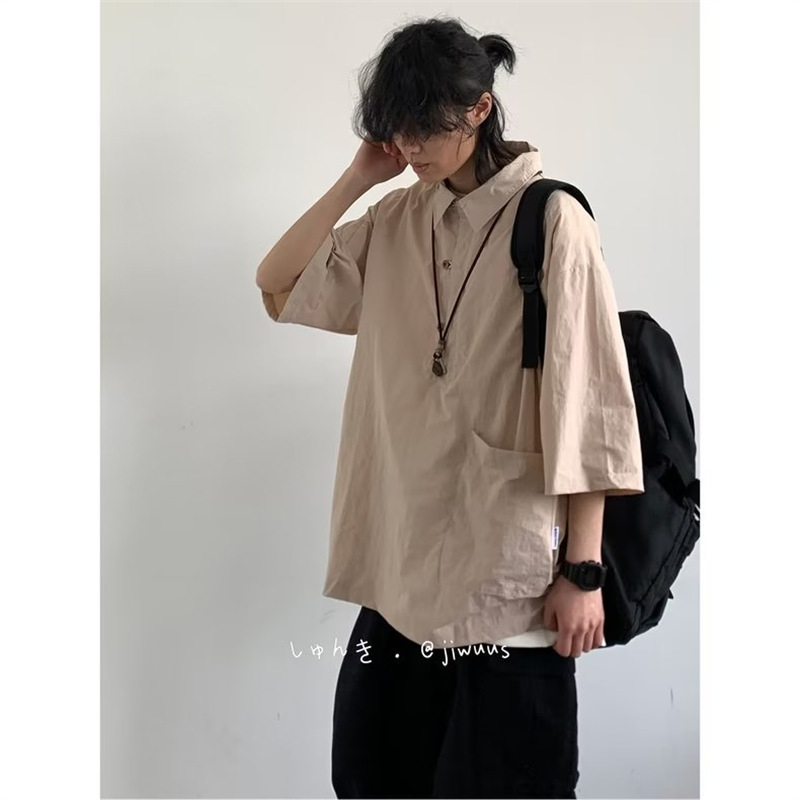 Muška košulja CityboyPOLO u japanskom retro stilu, ljeto, hongkonški stil, slobodan kroj, reverni ovratnik, kratki rukavi, jednobojna