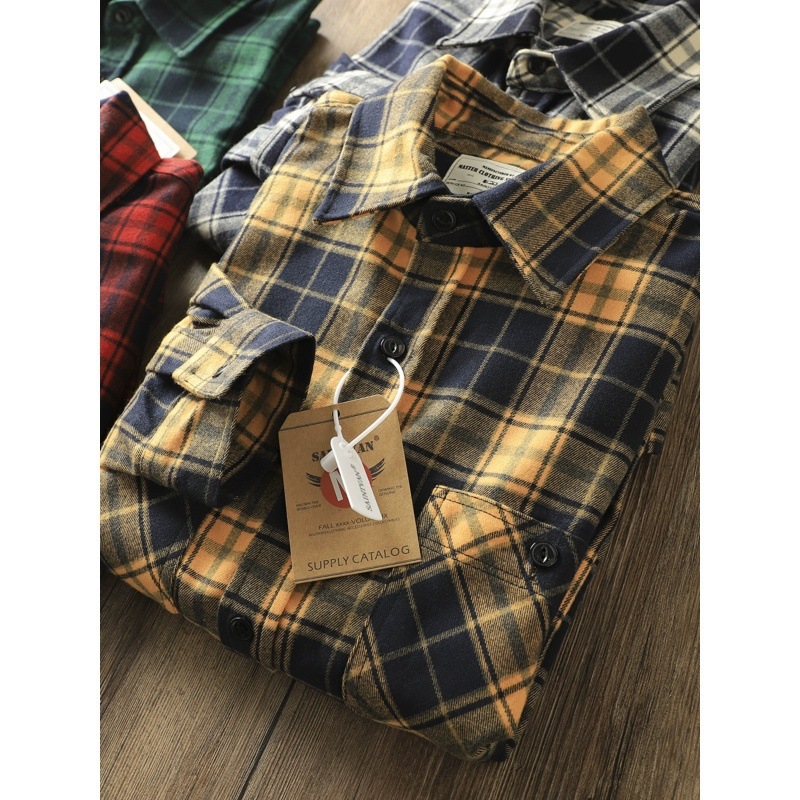 Težak američki vintage karirani shacket s fleece unutarnjom podstavom, muški dugi rukav, jesen i zima