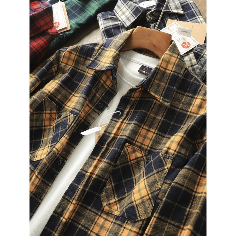 Težak američki vintage karirani shacket s fleece unutarnjom podstavom, muški dugi rukav, jesen i zima