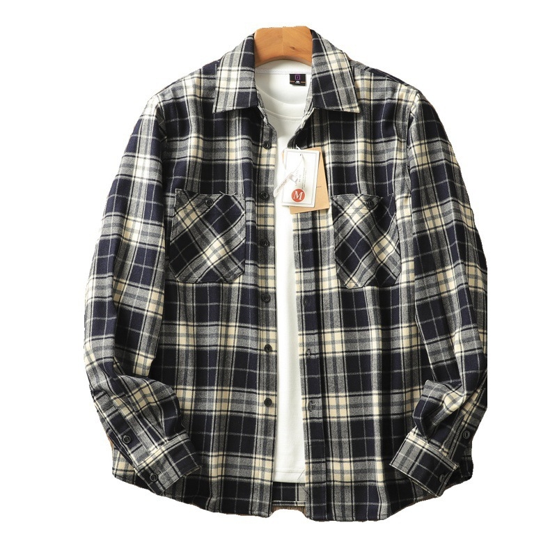 Težak američki vintage karirani shacket s fleece unutarnjom podstavom, muški dugi rukav, jesen i zima