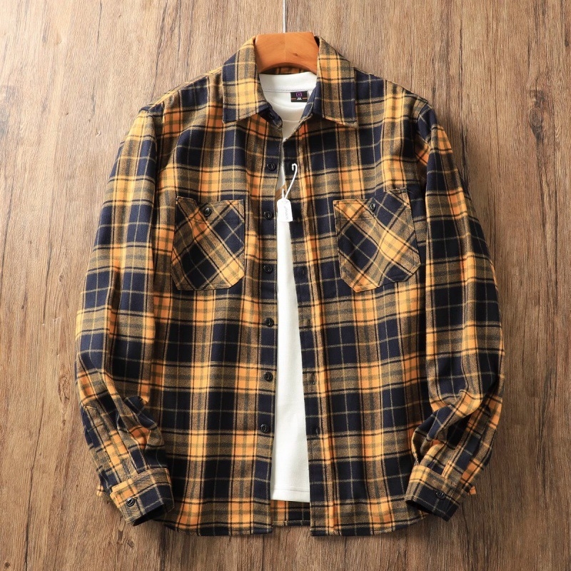 Težak američki vintage karirani shacket s fleece unutarnjom podstavom, muški dugi rukav, jesen i zima