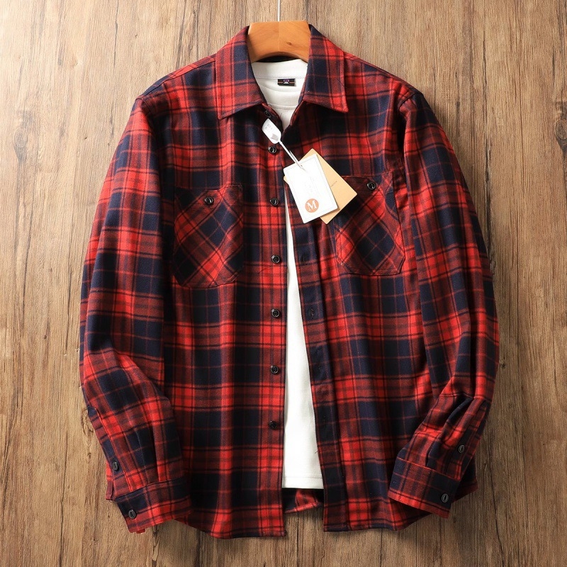 Težak američki vintage karirani shacket s fleece unutarnjom podstavom, muški dugi rukav, jesen i zima
