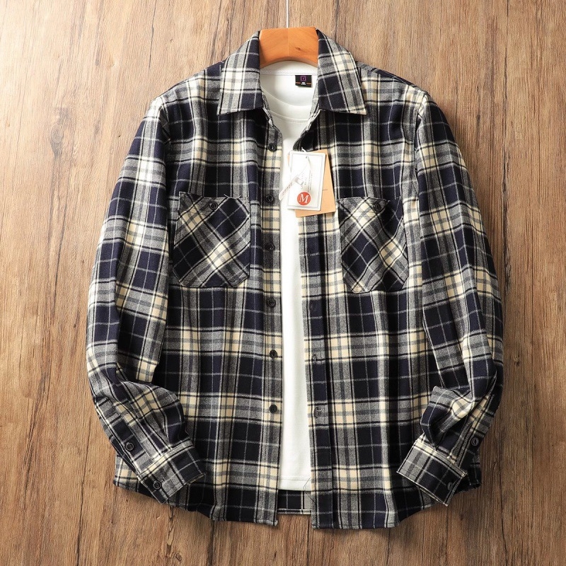 Težak američki vintage karirani shacket s fleece unutarnjom podstavom, muški dugi rukav, jesen i zima