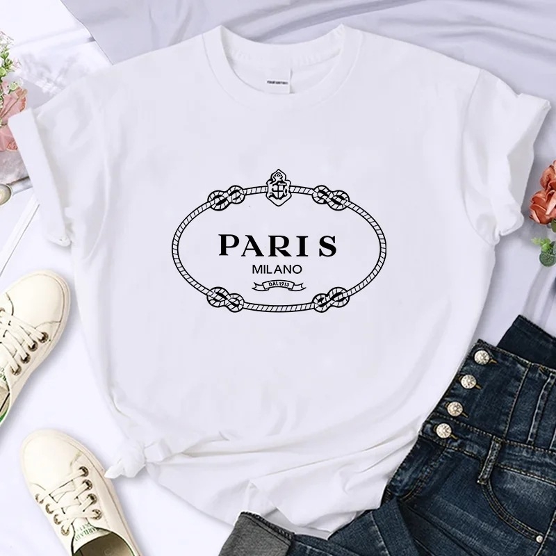 Ženski T-shirt s otiskom, 100% pamuk, udoban oversize kroj, Paris inspiriran, Y2K okrugli izrez