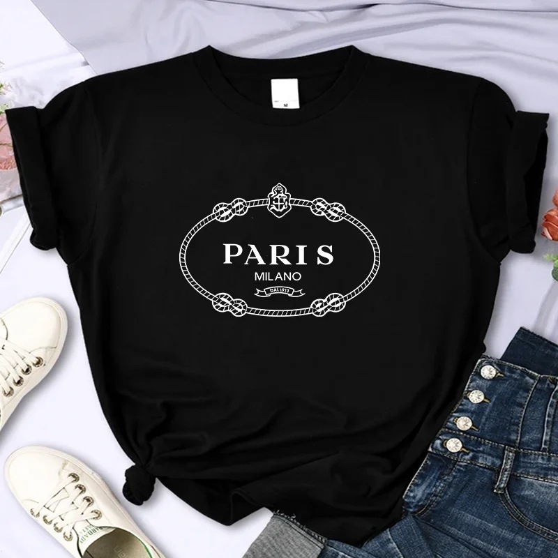 Ženski T-shirt s otiskom, 100% pamuk, udoban oversize kroj, Paris inspiriran, Y2K okrugli izrez