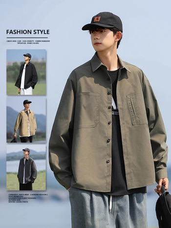 NASA férfi hosszú ujjú ing – japán stílusú, letisztult dizájn, koreai workwear-stílus, laza szabás tavasszal és ősszel