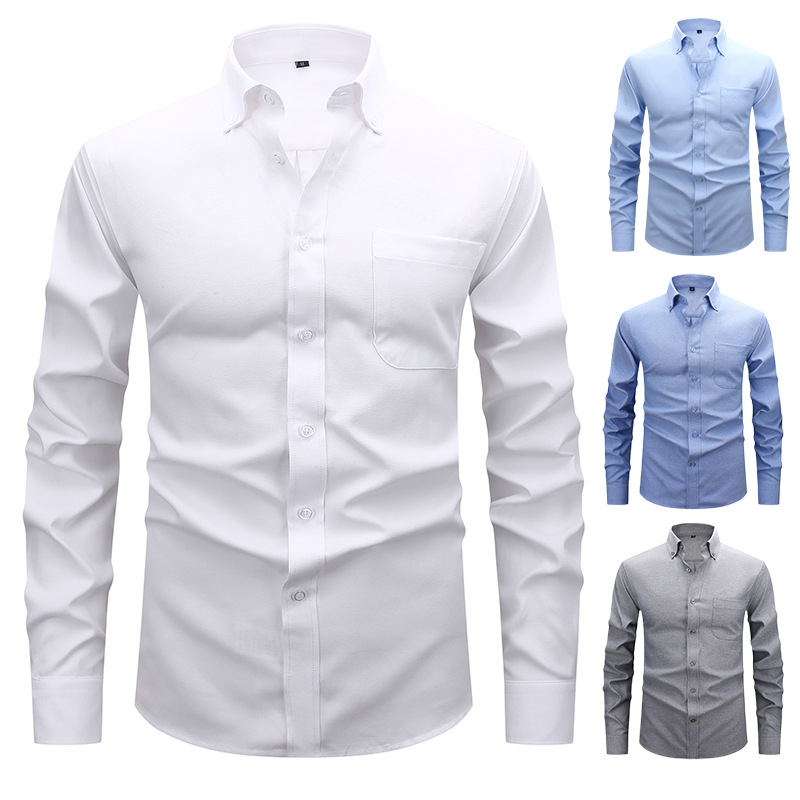 Férfi fehér Oxford ing, hosszú ujjú, casual, gombos gallérral, egyszínű, plusz méret