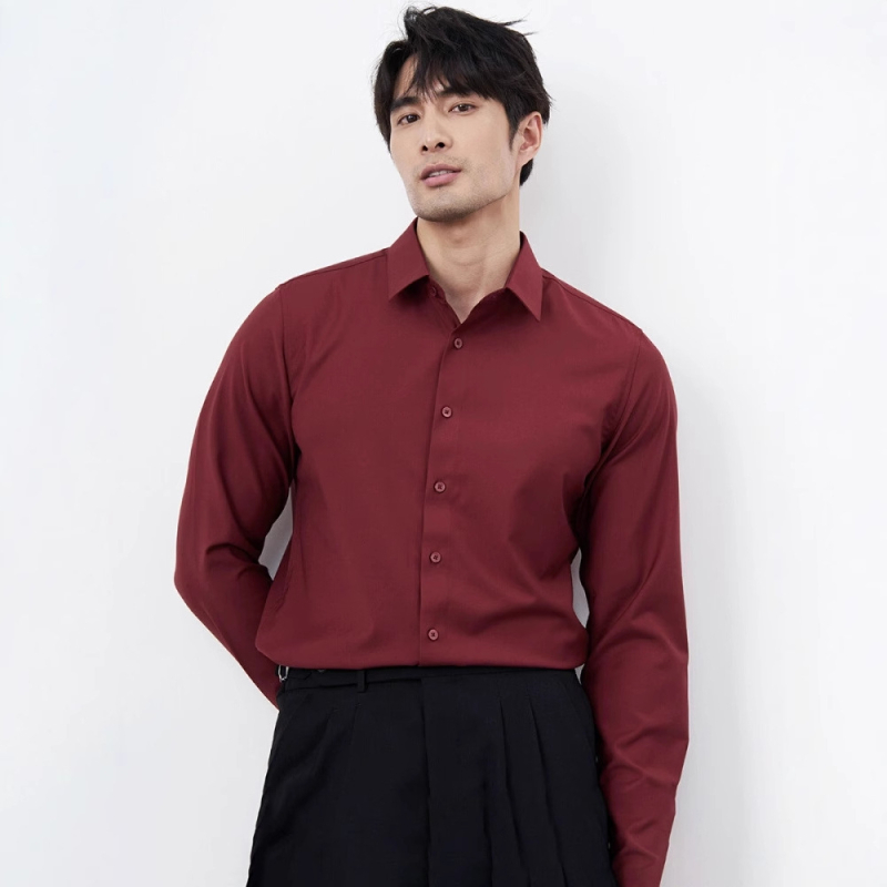 Férfi bordó üzleti ing – vasalás nélkül, gyűrődésmentes, hosszú ujjú, esküvőre és eljegyzéshez